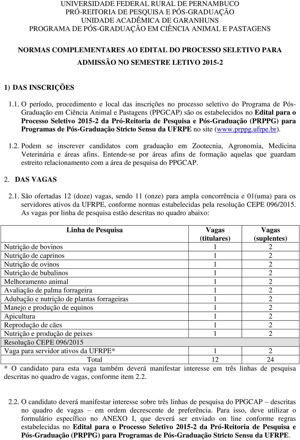 o Processo Seletivo 2015-2 da Pró-Reitoria de Pesquisa e Pós-Graduação (PRPPG) para Programas de Pós-Graduação Stricto Sensu da UFRPE no site (www.prppg.ufrpe.br). 1.2. Podem se inscrever candidatos com graduação em Zootecnia, Agronomia, Medicina Veterinária e áreas afins.