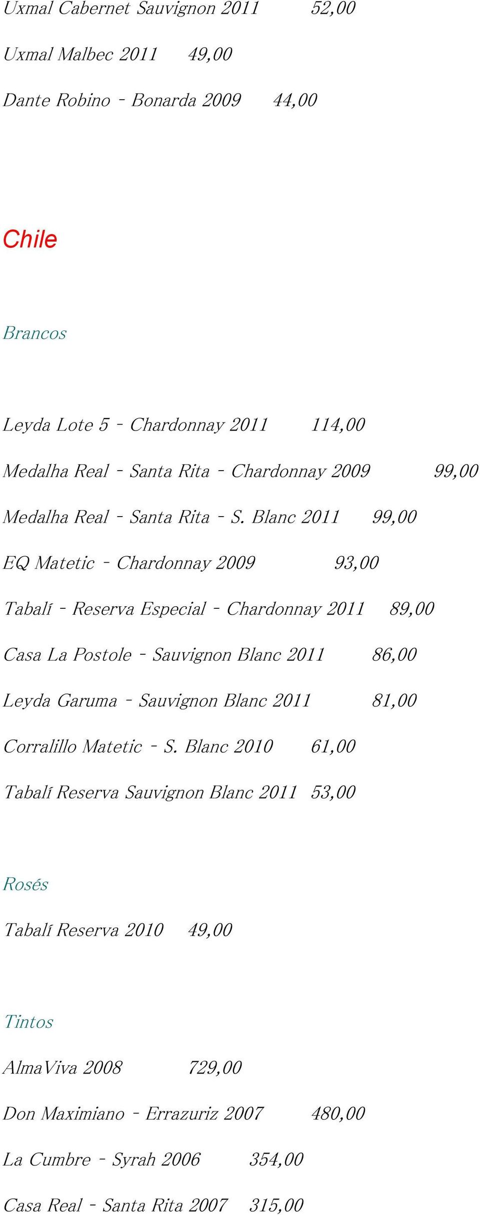 Blanc 2011 99,00 EQ Matetic Chardonnay 2009 93,00 Tabalí Reserva Especial Chardonnay 2011 89,00 Casa La Postole Sauvignon Blanc 2011 86,00 Leyda Garuma