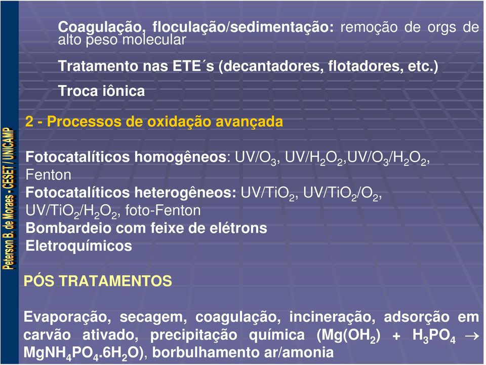 heterogêneos: UV/TiO 2, UV/TiO 2 /O 2, UV/TiO 2 /H 2 O 2, foto-fenton Bombardeio com feixe de elétrons Eletroquímicos PÓS TRATAMENTOS