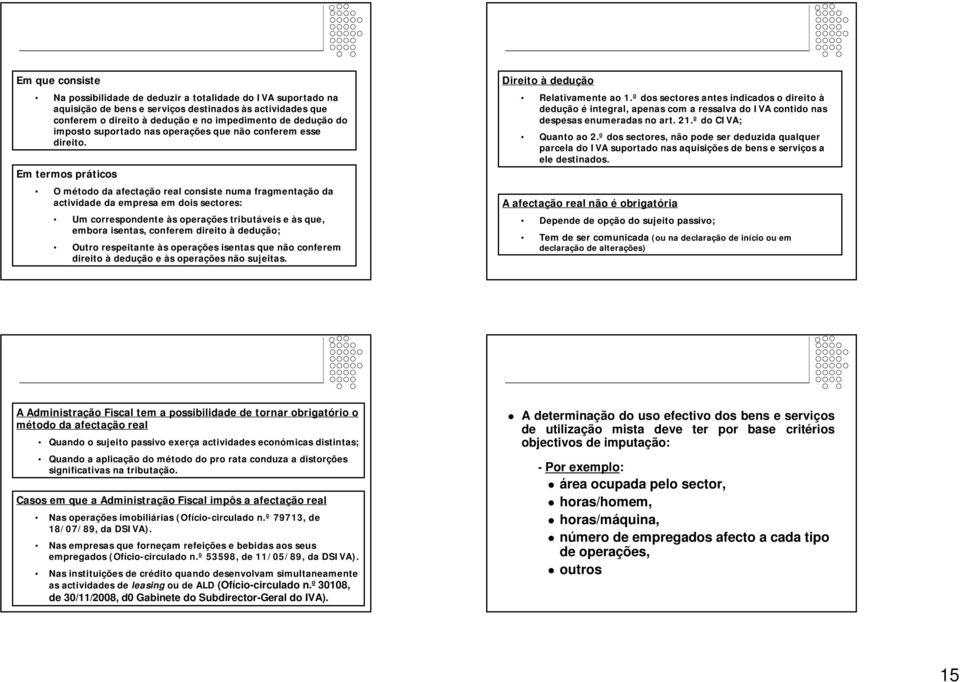 Em termos práticos O método da afectação real consiste numa fragmentação da actividade da empresa em dois sectores: Um correspondente às operações tributáveis e às que, embora isentas, conferem