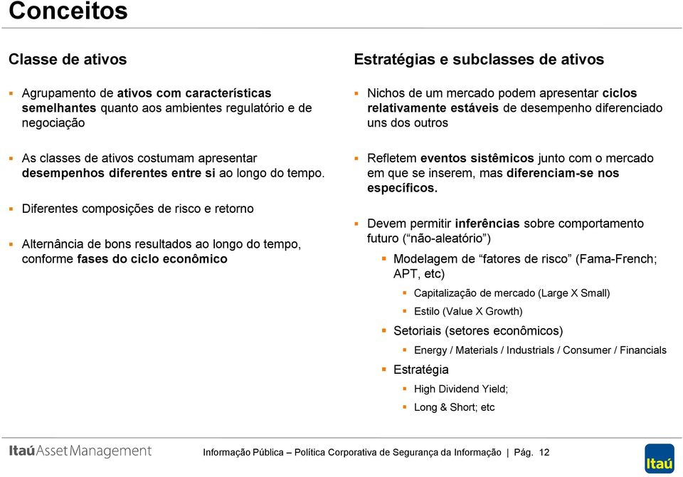 Diferentes composições de risco e retorno Alternância de bons resultados ao longo do tempo, conforme fases do ciclo econômico Estratégias e subclasses de ativos Nichos de um mercado podem apresentar