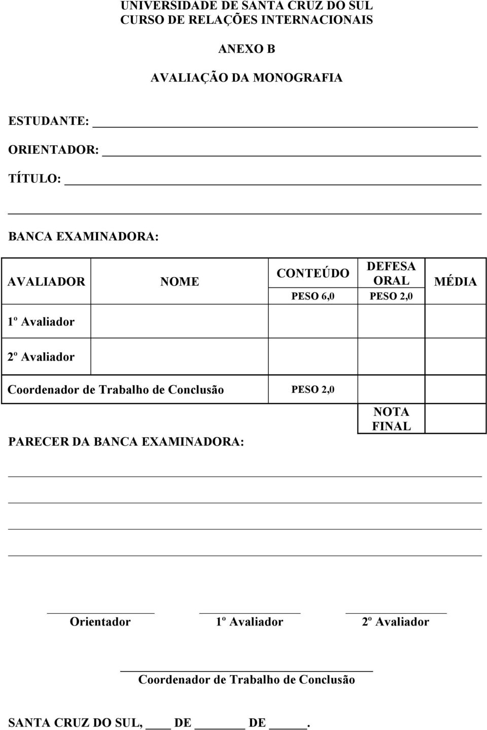 MÉDIA 1º Avaliador 2º Avaliador Coordenador de Trabalho de Conclusão PESO 2,0 PARECER DA BANCA