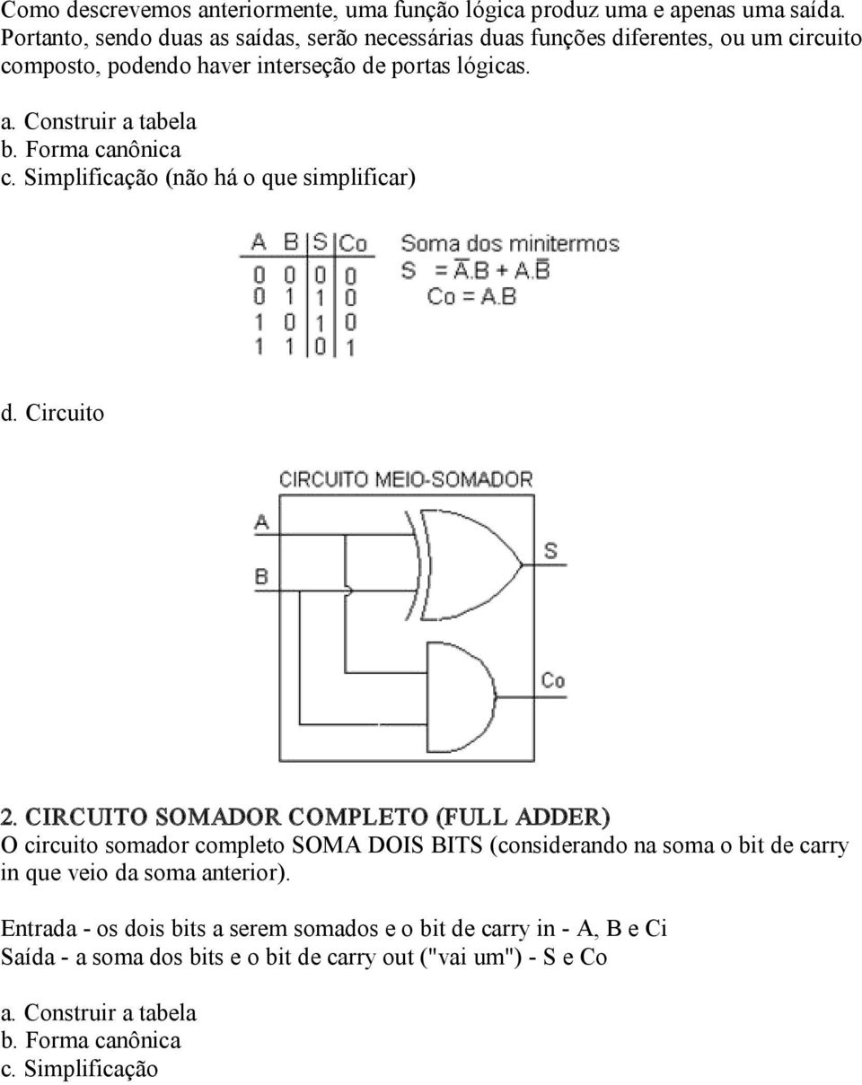 Forma canônica c. Simplificação (não há o que simplificar) d. Circuito 2.