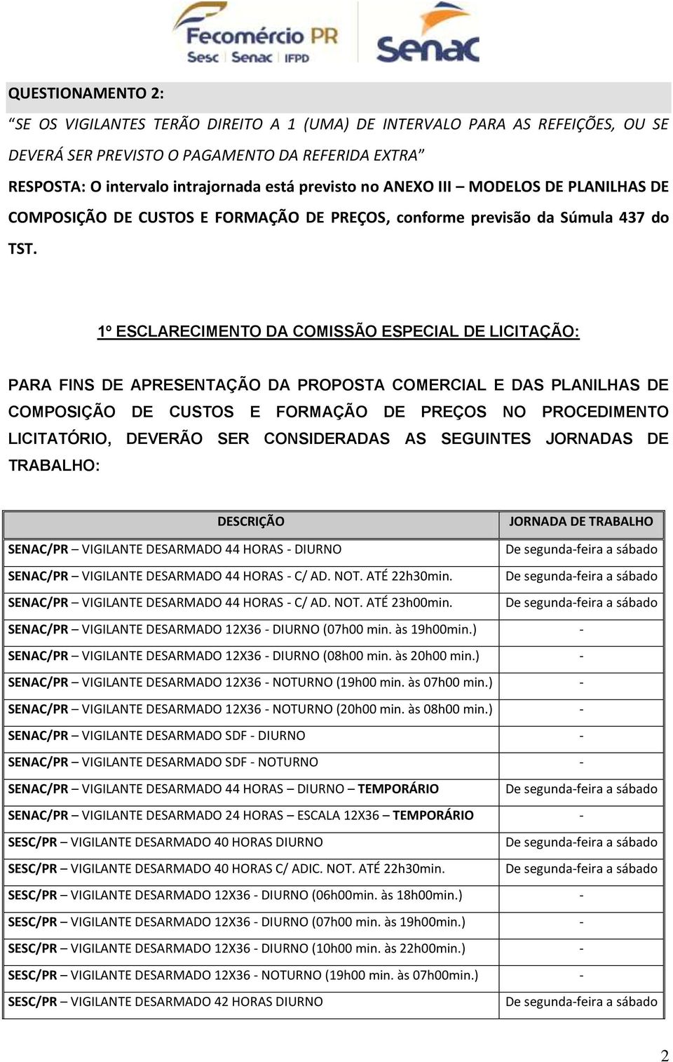 1º ESCLARECIMENTO DA COMISSÃO ESPECIAL DE LICITAÇÃO: PARA FINS DE APRESENTAÇÃO DA PROPOSTA COMERCIAL E DAS PLANILHAS DE COMPOSIÇÃO DE CUSTOS E FORMAÇÃO DE PREÇOS NO PROCEDIMENTO LICITATÓRIO, DEVERÃO