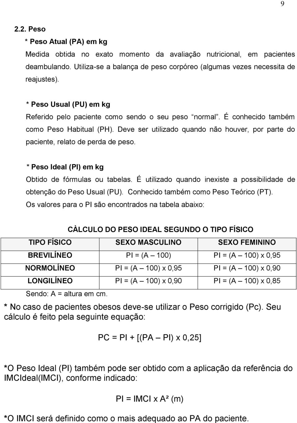 Deve ser utilizado quando não houver, por parte do paciente, relato de perda de peso. * Peso Ideal (PI) em kg Obtido de fórmulas ou tabelas.