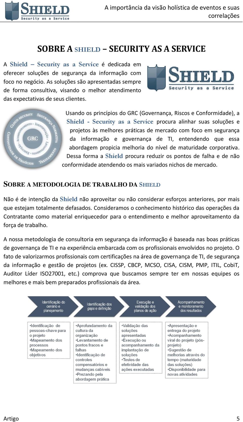 Usando os princípios do GRC (Governança, Riscos e Conformidade), a Shield - Security as a Service procura alinhar suas soluções e projetos às melhores práticas de mercado com foco em segurança da