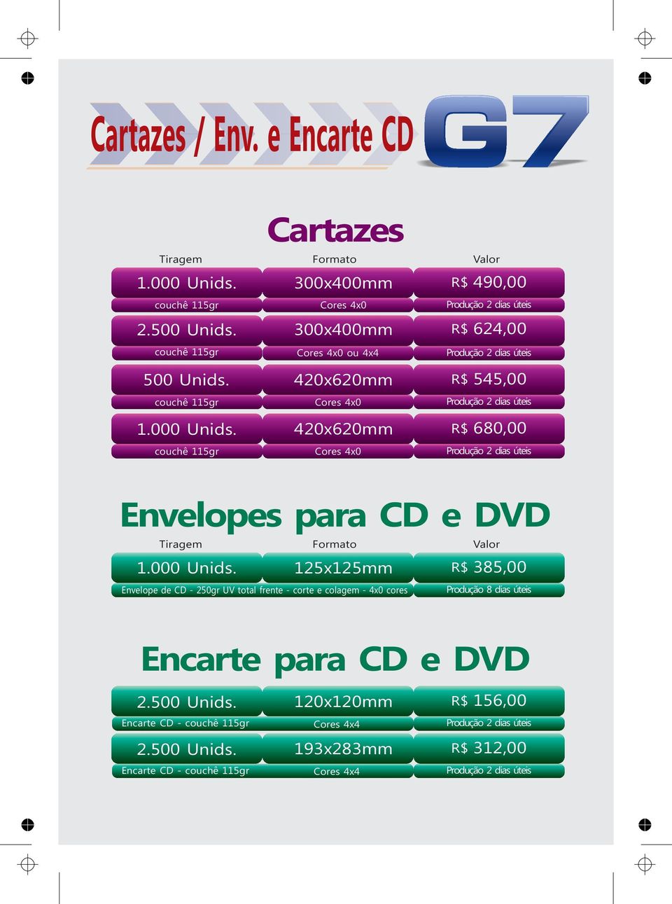 420x620mm R$ 545,00 couchê 115gr 420x620mm R$ 680,00 couchê 115gr Envelopes para CD e DVD 125x125mm R$ 385,00