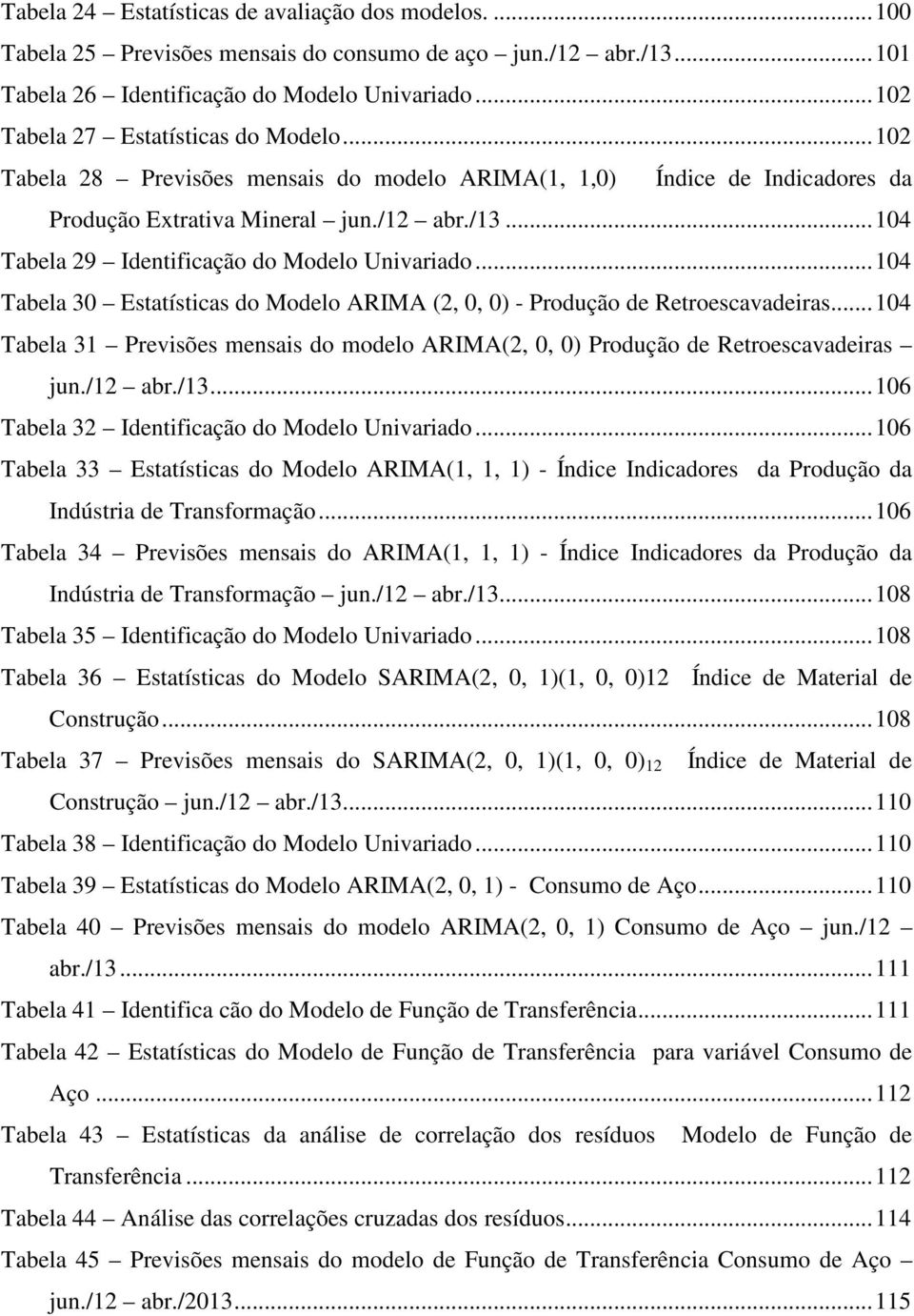..104 Tabela 30 Esaísicas do Modelo ARIMA (2, 0, 0) - Produção de Reroescavadeiras...104 Tabela 31 Previsões mensais do modelo ARIMA(2, 0, 0) Produção de Reroescavadeiras jun./12 abr./13.