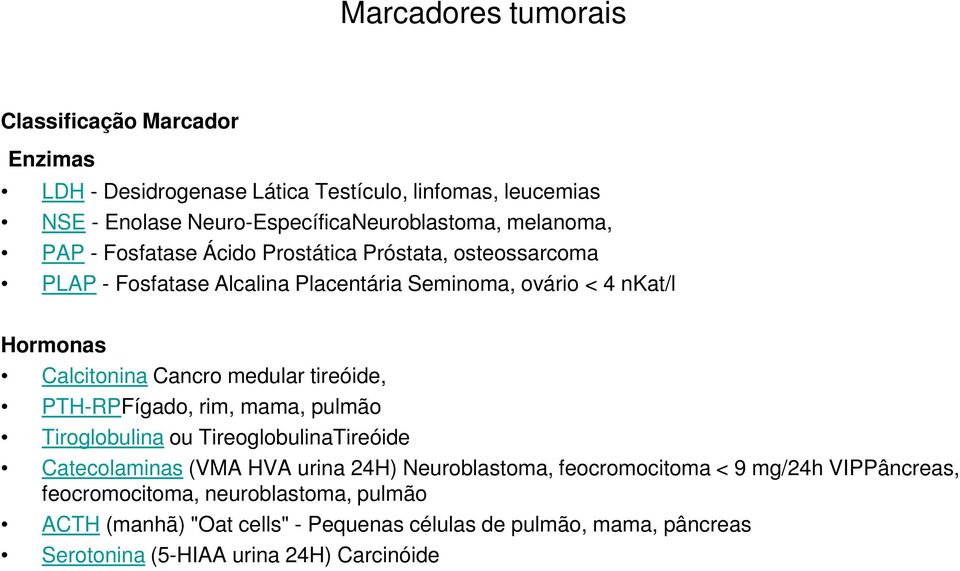 medular tireóide, PTH-RPFígado, rim, mama, pulmão Tiroglobulina ou TireoglobulinaTireóide Catecolaminas (VMA HVA urina 24H) Neuroblastoma, feocromocitoma < 9