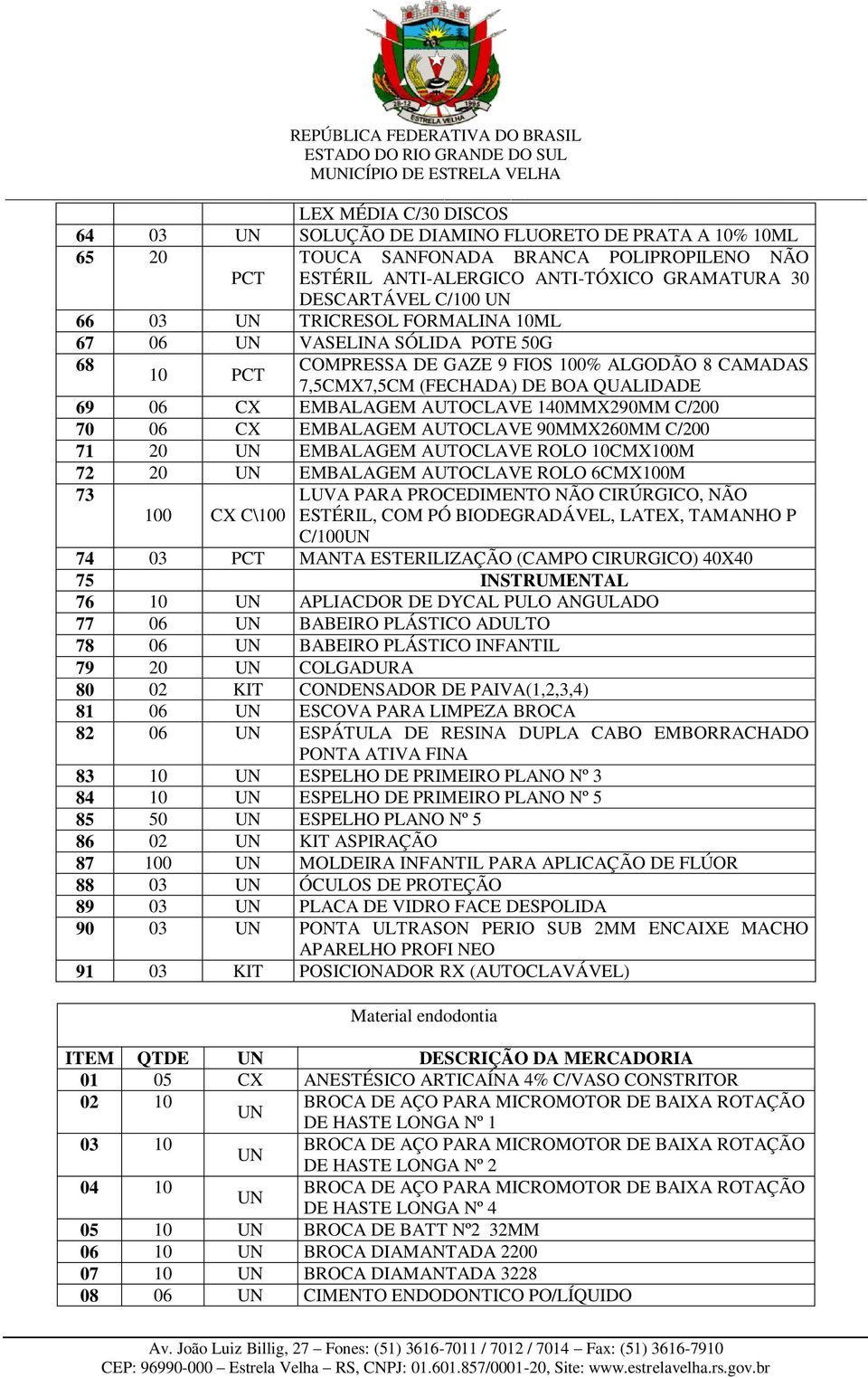 AUTOCLAVE 140MMX290MM C/200 70 06 CX EMBALAGEM AUTOCLAVE 90MMX260MM C/200 71 20 EMBALAGEM AUTOCLAVE ROLO 10CMX100M 72 20 EMBALAGEM AUTOCLAVE ROLO 6CMX100M 73 100 CX C\100 LUVA PARA PROCEDIMENTO NÃO