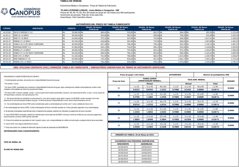 PRAZO: Meses PRAZO: Meses PRAZO: 48 Meses PRAZO: Meses AL.03.08 CELTA 5 PORTAS LT 1.0 R$ 35.0,00 R$ 4,42 R$ 533,85 R$ 2,57 R$ 694,25 R$ 852,54 R$ 1.121,45 AL.03.11 ONIX LS 1.0 SPE/4 R$ 38.