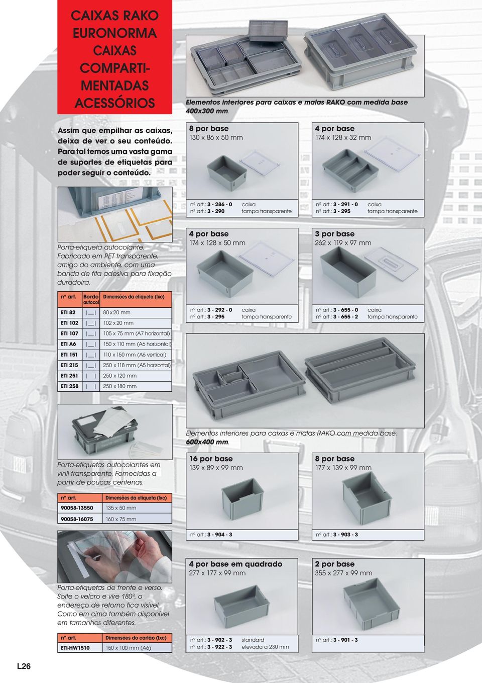 Elementos interiores para s e malas RAKO com medida base 400x300 mm. 8 por base 4 por base 130 x 86 x 50 mm 174 x 128 x 32 mm nº art.: 3-286 - 0 nº art.: 3-290 nº art.: 3-291 - 0 nº art.