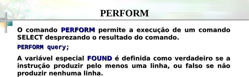 PERFORM query; A variável especial FOUND é definida como