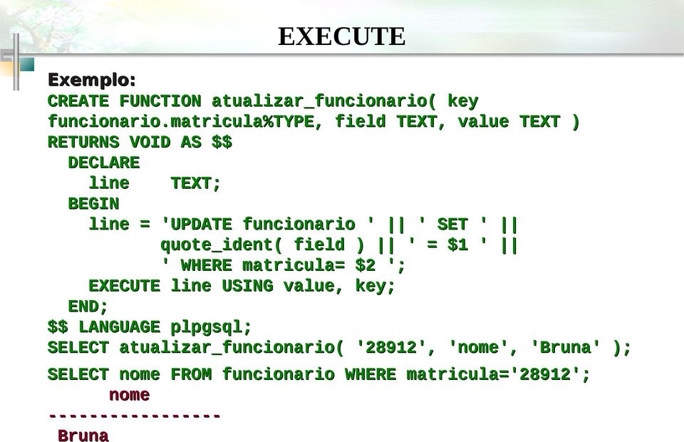 ' ' SET ' quote_ident( field ) ' = $1 ' ' WHERE matricula= $2 '; EXECUTE line USING value, key; END; $$