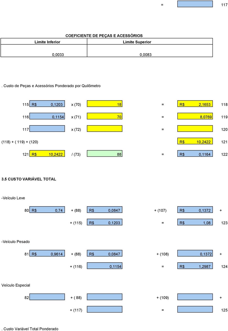 ( 119) + (120) R$ 10,2422 121 121 R$ 10,2422 / (73) 88 = R$ 0,1164 122 3.