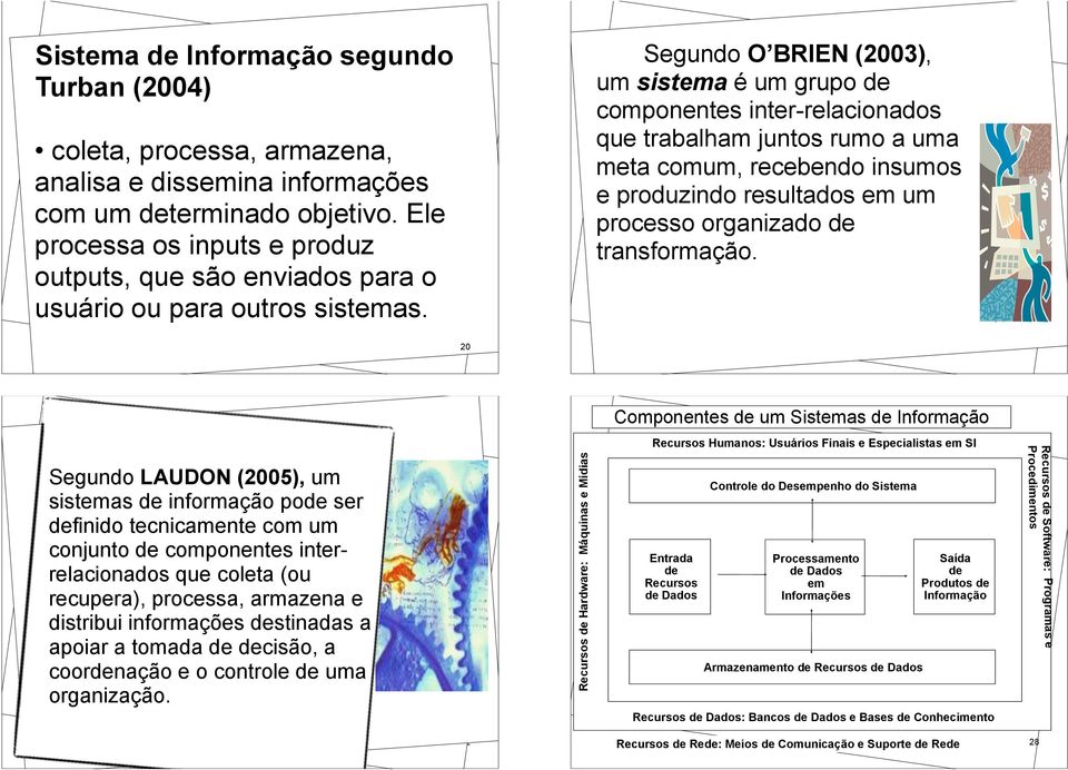 Segundo O BRIEN (2003), um sistema é um grupo de componentes inter-relacionados que trabalham juntos rumo a uma meta comum, recebendo insumos e produzindo resultados em um processo organizado de