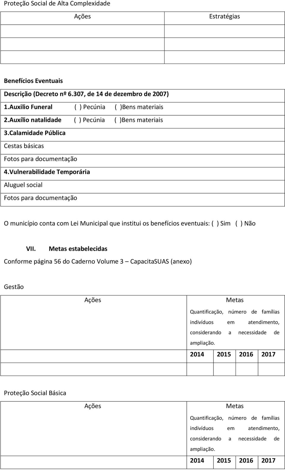 Vulnerabilidade Temporária Aluguel social Fotos para documentação O município conta com Lei Municipal que institui os benefícios eventuais: ( ) Sim ( ) Não VII.