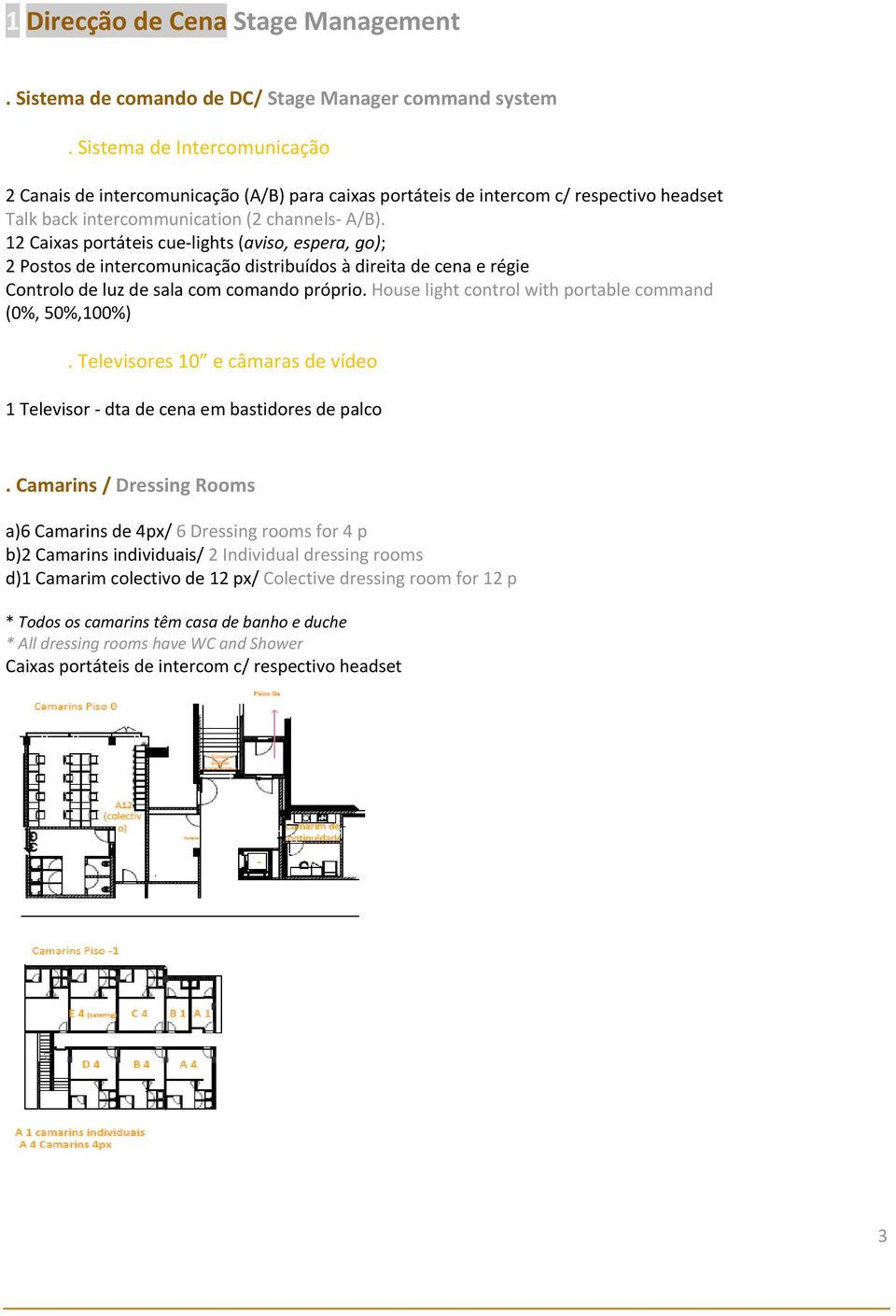 12 Caixas portáteis cue lights (aviso, espera, go); 2 Postos de intercomunicação distribuídos à direita de cena e régie Controlo de luz de sala com comando próprio.