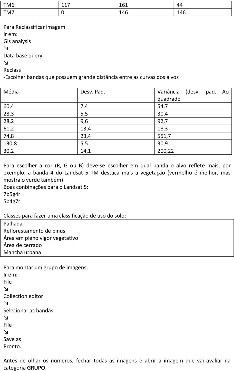 mais, por exemplo, a banda 4 do Landsat 5 TM destaca mais a vegetação (vermelho é melhor, mas mostra o verde também) Boas conbinações para o Landsat 5: 7b5g4r 5b4g7r Classes para fazer uma