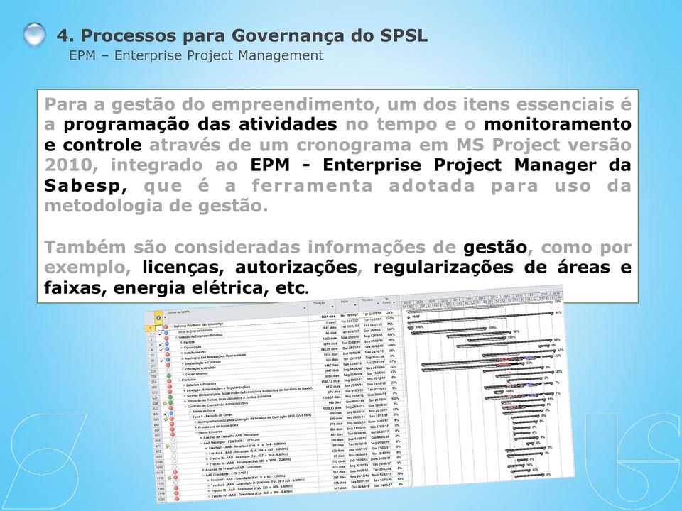 integrado ao EPM - Enterprise Project Manager da Sabesp, que é a ferramenta adotada para uso da metodologia de gestão.