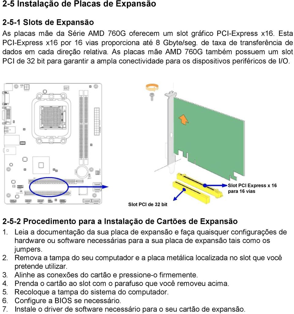 Slot PCI Express x 16 para 16 vias Slot PCI de 32 bit 2-5-2 Procedimento para a Instalação de Cartões de Expansão 1.