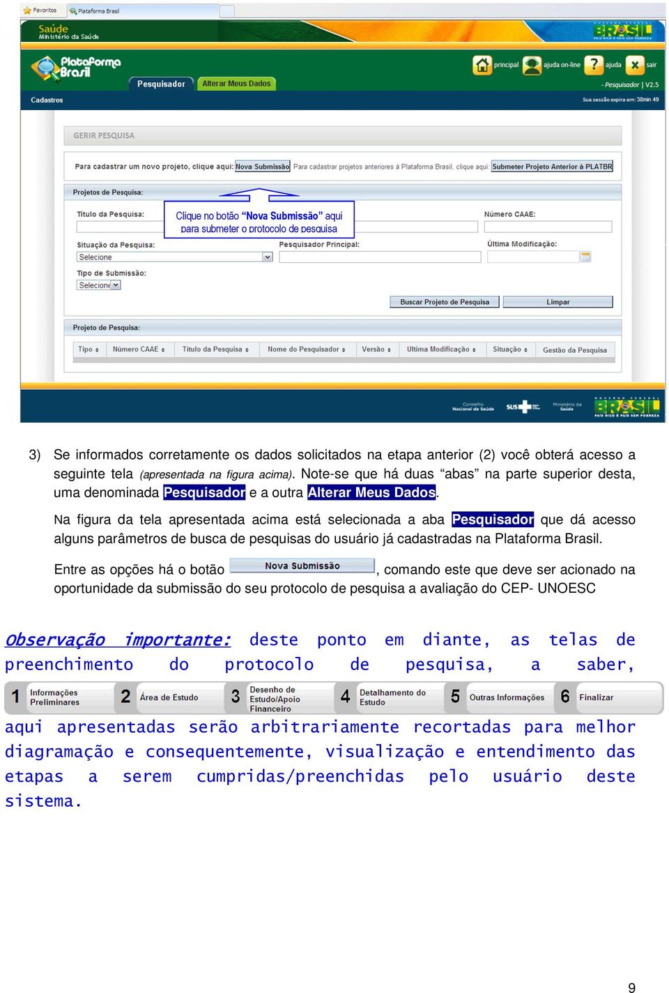 Na figura da tela apresentada acima está selecionada a aba Pesquisador que dá acesso alguns parâmetros de busca de pesquisas do usuário já cadastradas na Plataforma Brasil.
