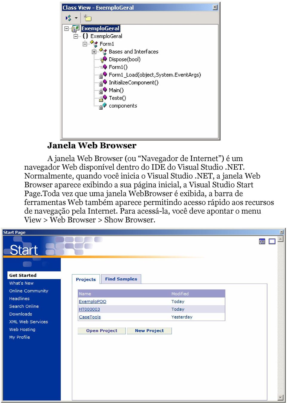 NET, a janela Web Browser aparece exibindo a sua página inicial, a Visual Studio Start Page.