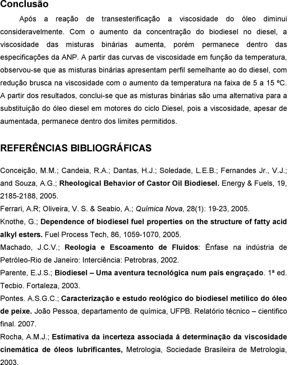 A partir das curvas de viscosidade em função da temperatura, observou-se que as misturas binárias apresentam perfil semelhante ao do diesel, com redução brusca na viscosidade com o aumento da