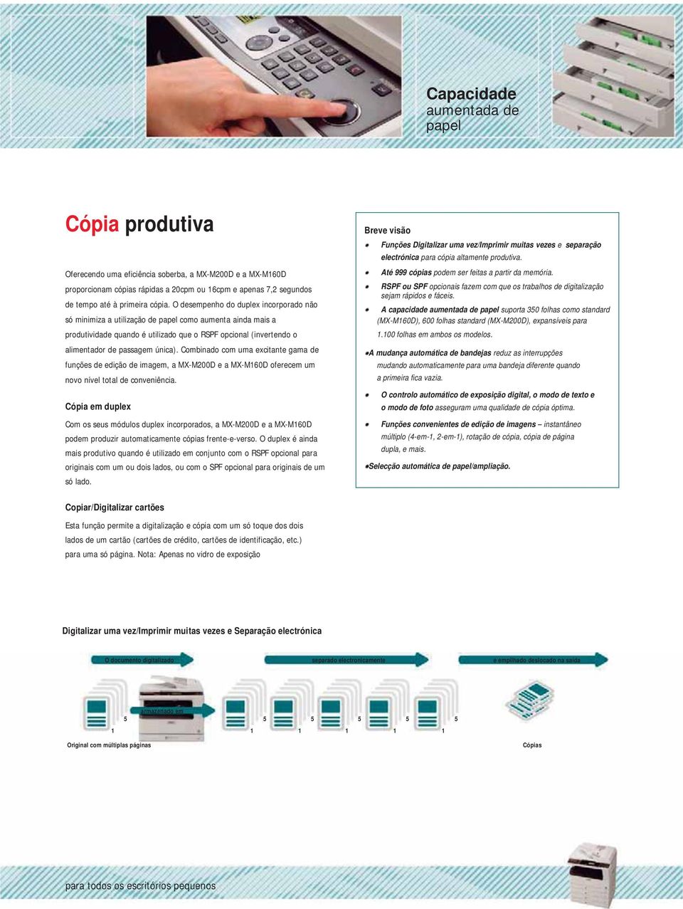 O desempenho do duplex incorporado não só minimiza a utilização de papel como aumenta ainda mais a produtividade quando é utilizado que o RSPF opcional (invertendo o alimentador de passagem única).