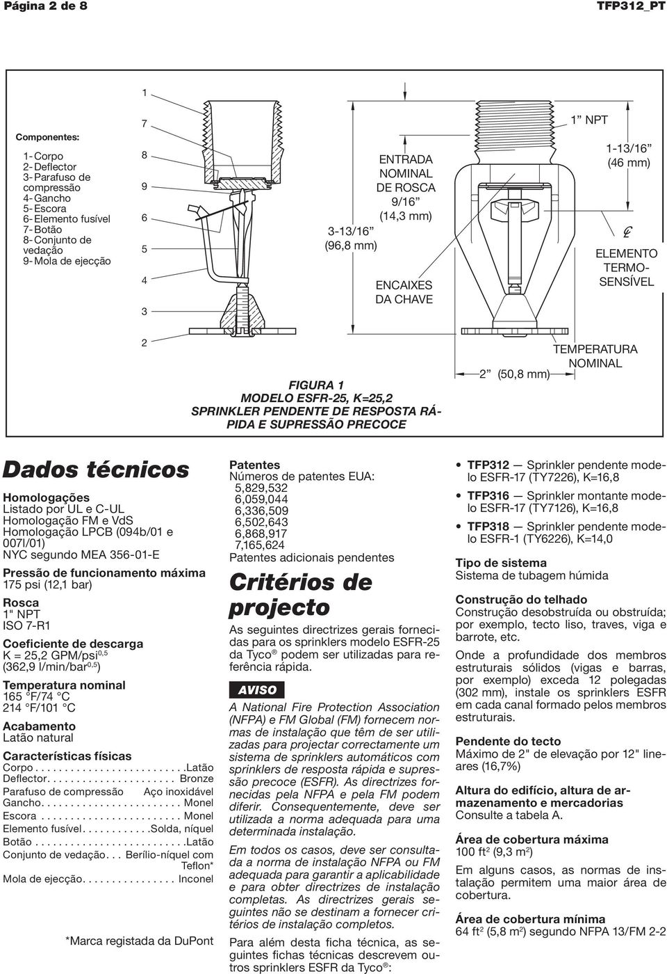 2 (50,8 mm) TEMPERATURA NOMINAL Dados técnicos Homologações Listado por UL e C-UL Homologação FM e VdS Homologação LPCB (094b/01 e 007l/01) NYC segundo MEA 356-01-E Pressão de funcionamento máxima