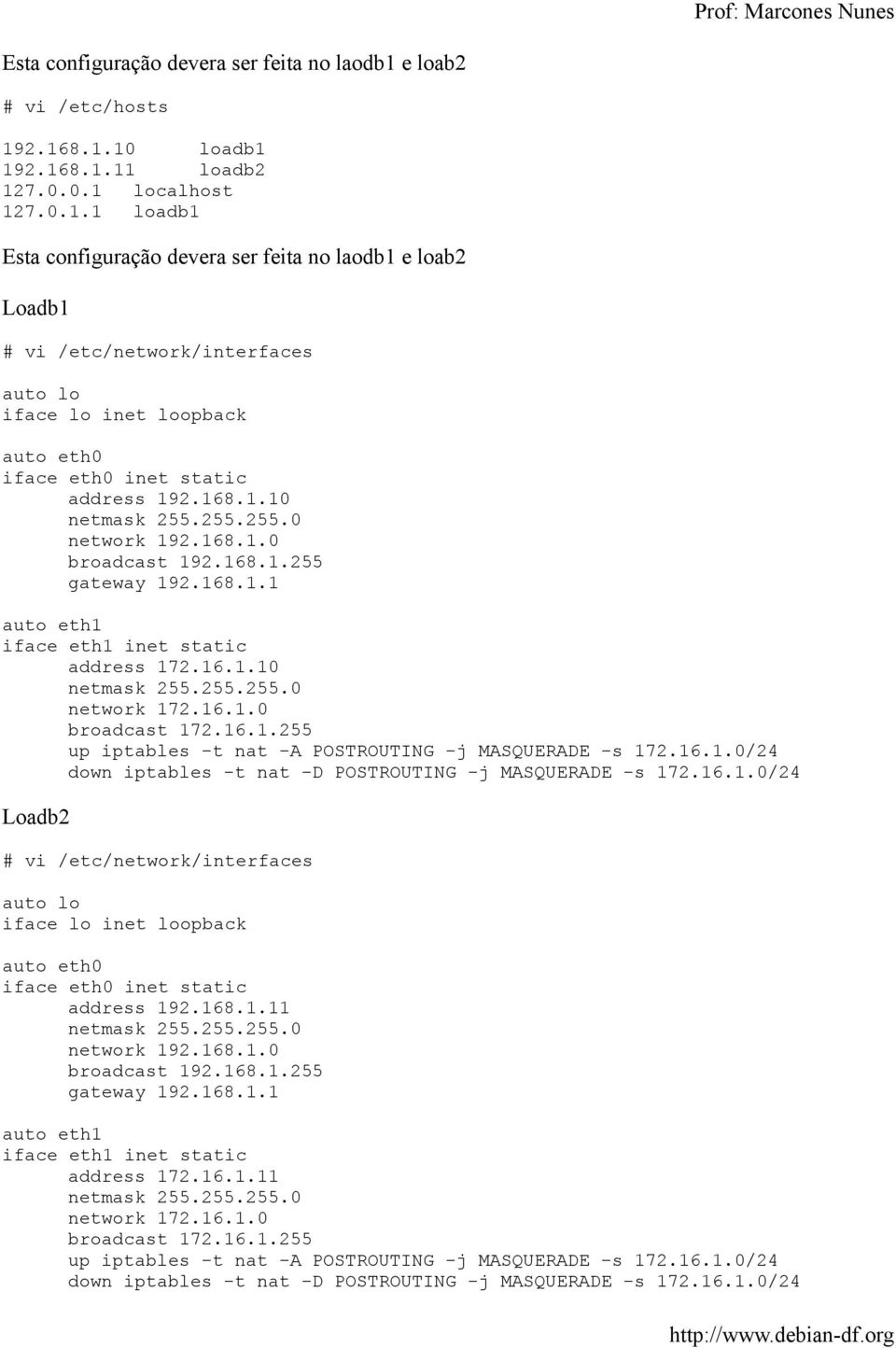 16.1.0/24 Loadb2 auto lo iface lo inet loopback address 192.168.1.11 network 192.168.1.0 broadcast 192.168.1.255 gateway 192.168.1.1 auto eth1 iface eth1 inet static address 172.16.1.11 up iptables -t nat -A POSTROUTING -j MASQUERADE -s 172.