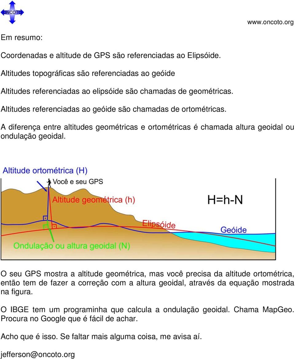 A diferença entre altitudes geométricas e ortométricas é chamada altura geoidal ou ondulação geoidal.