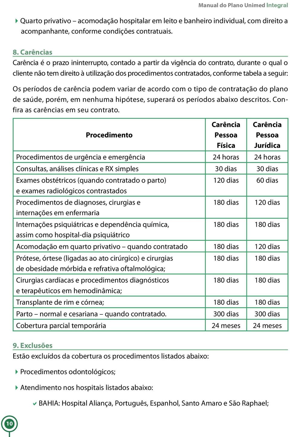 períodos de carência podem variar de acordo com o tipo de contratação do plano de saúde, porém, em nenhuma hipótese, superará os períodos abaixo descritos. Confira as carências em seu contrato.