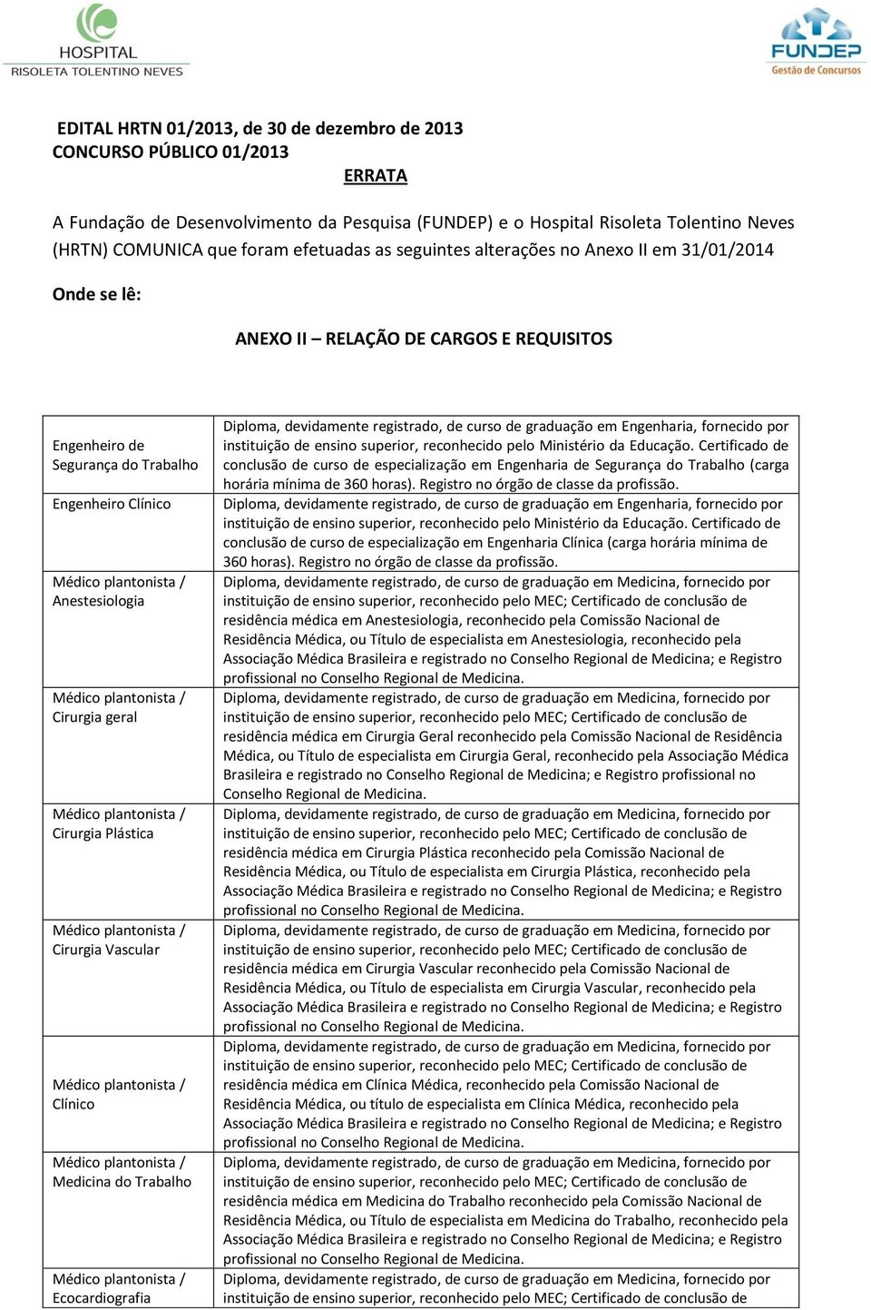 Cirurgia Plástica Cirurgia Vascular Clínico Medicina do Trabalho Ecocardiografia Diploma, devidamente registrado, de curso de graduação em Engenharia, fornecido por instituição de ensino superior,