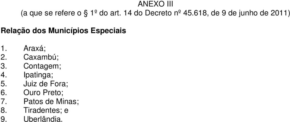 Araxá; 2. Caxambú; 3. Contagem; 4. Ipatinga; 5.