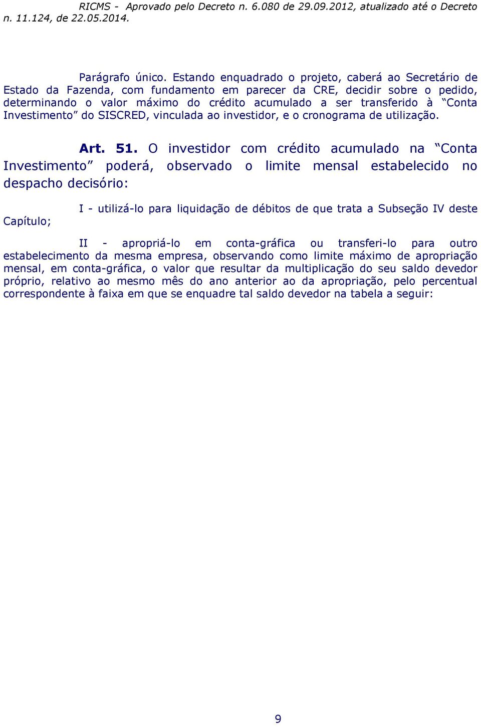 Conta Investimento do SISCRED, vinculada ao investidor, e o cronograma de utilização. Art. 51.
