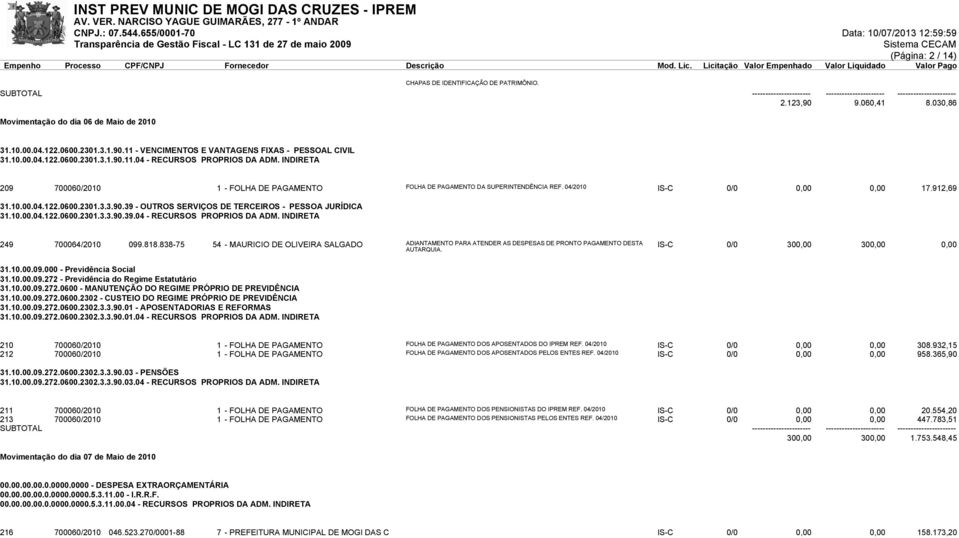 INDIRETA 209 700060/2010 1 - FOLHA DE PAGAMENTO FOLHA DE PAGAMENTO DA SUPERINTENDÊNCIA REF. 04/2010 IS-C 0/0 0,00 0,00 17.912,69 249 700064/2010 099.818.