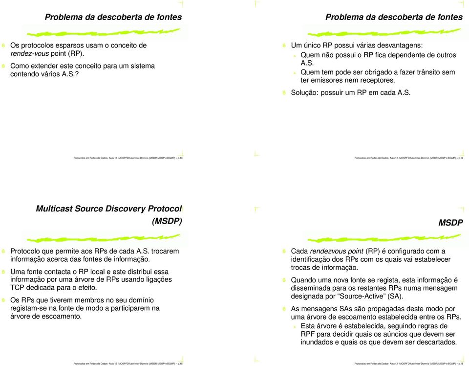 Solução: possuir um RP em cada A.S. Protocolos em Redes de Dados- Aula 12 -MOSPFDifuso Inter-Domnio (MSDP, MBGP e BGMP) p.