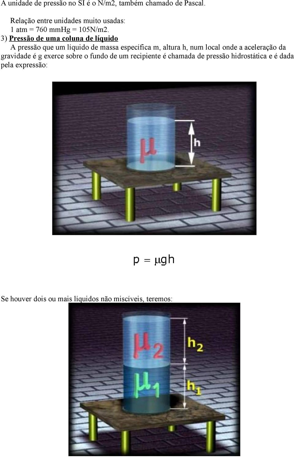 3) Pressão de uma coluna de líquido A pressão que um líquido de massa específica m, altura h, num local