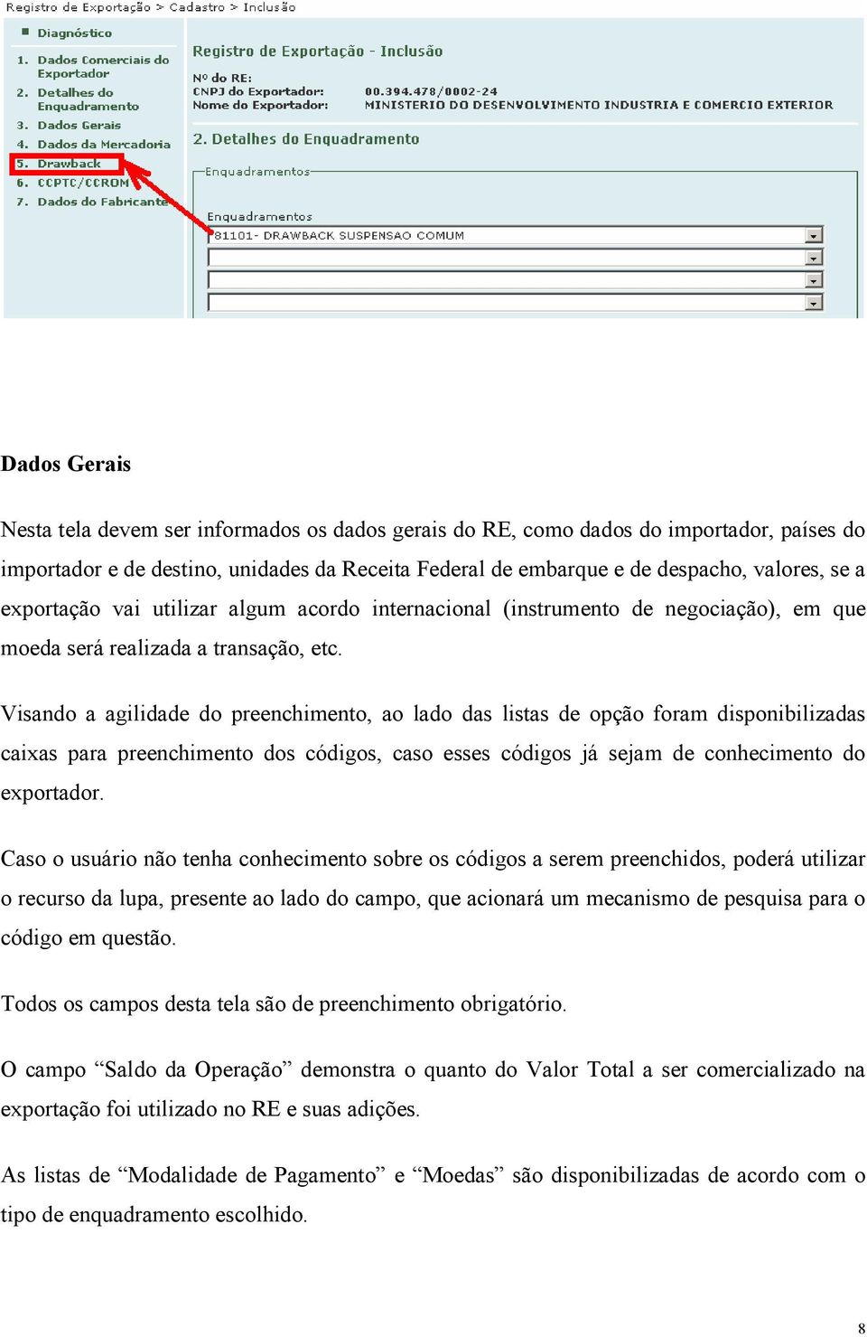 Visando a agilidade do preenchimento, ao lado das listas de opção foram disponibilizadas caixas para preenchimento dos códigos, caso esses códigos já sejam de conhecimento do exportador.