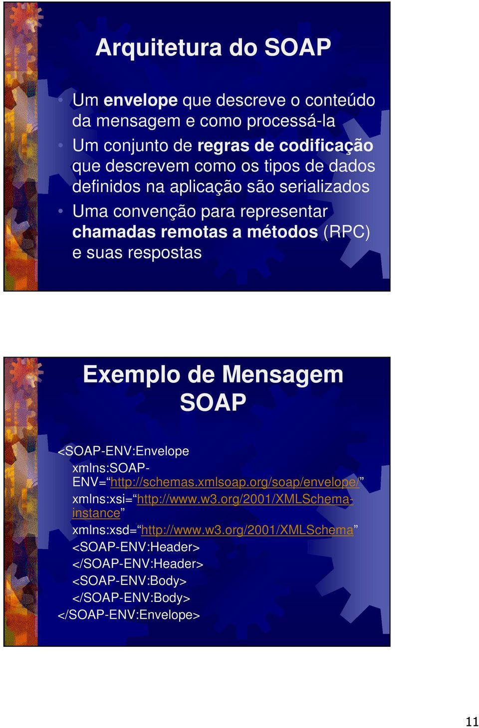 Exemplo de Mensagem SOAP <SOAP-ENV:Envelope xmlns:soap- ENV= http://schemas.xmlsoap.org/soap/envelope/ xmlns:xsi= http://www.w3.