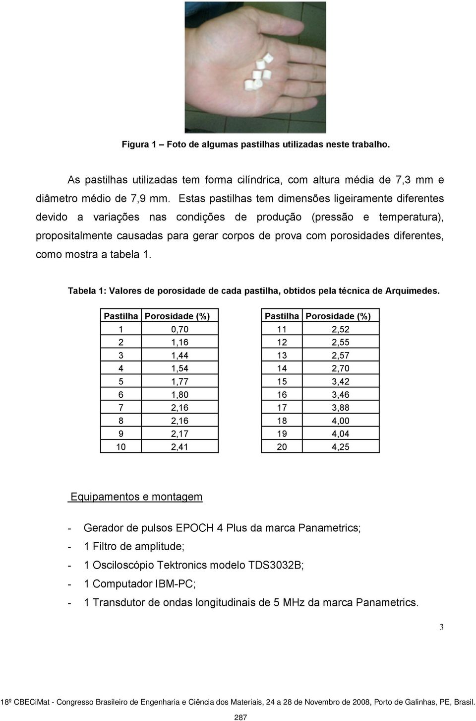 diferentes, como mostra a tabela 1. Tabela 1: Valores de porosidade de cada pastilha, obtidos pela técnica de Arquimedes.