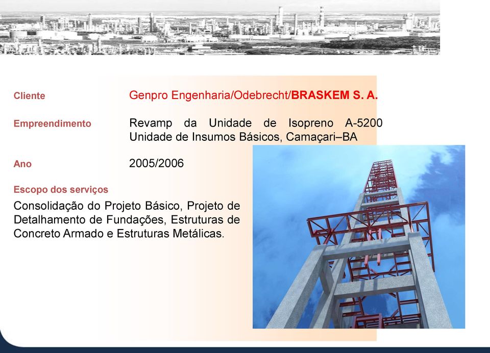 Insumos Básicos, Camaçari BA Ano 2005/2006 Consolidação do Projeto
