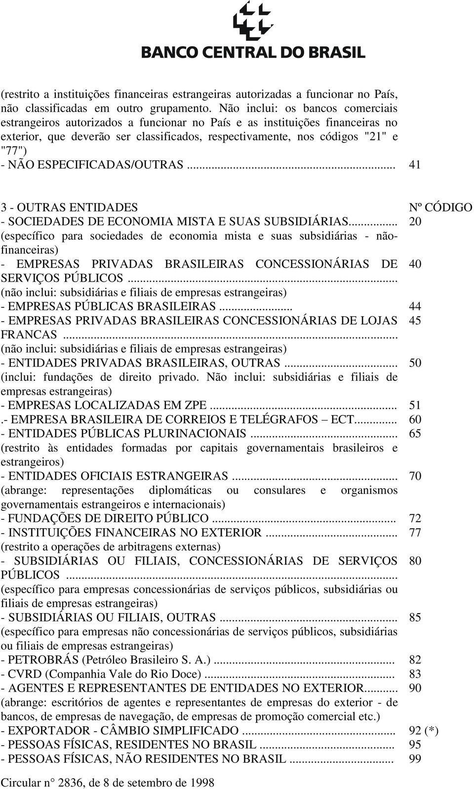 ESPECIFICADAS/OUTRAS... 41 3 - OUTRAS ENTIDADES Nº CÓDIGO - SOCIEDADES DE ECONOMIA MISTA E SUAS SUBSIDIÁRIAS.