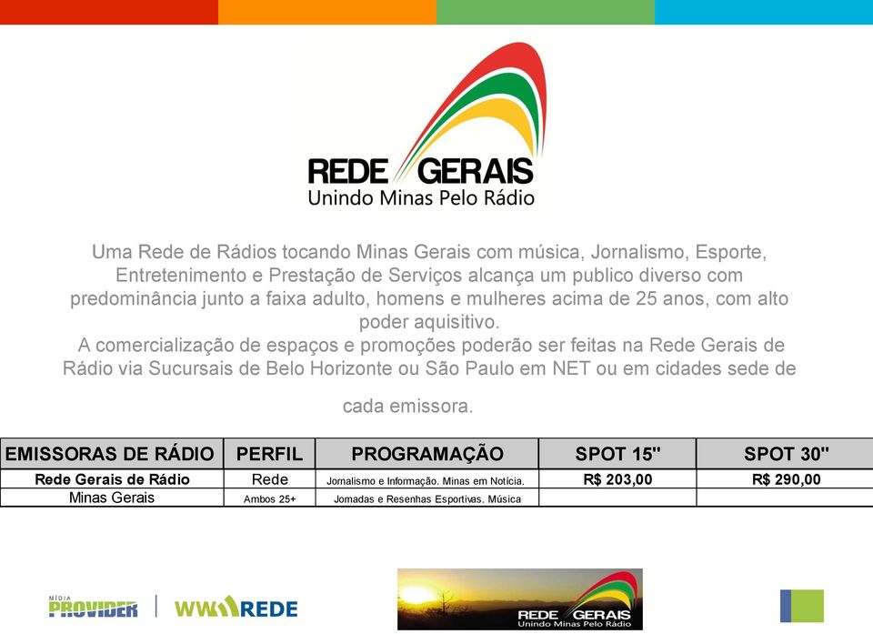A comercialização de espaços e promoções poderão ser feitas na Rede Gerais de Rádio via Sucursais de Belo Horizonte ou São Paulo em NET ou em