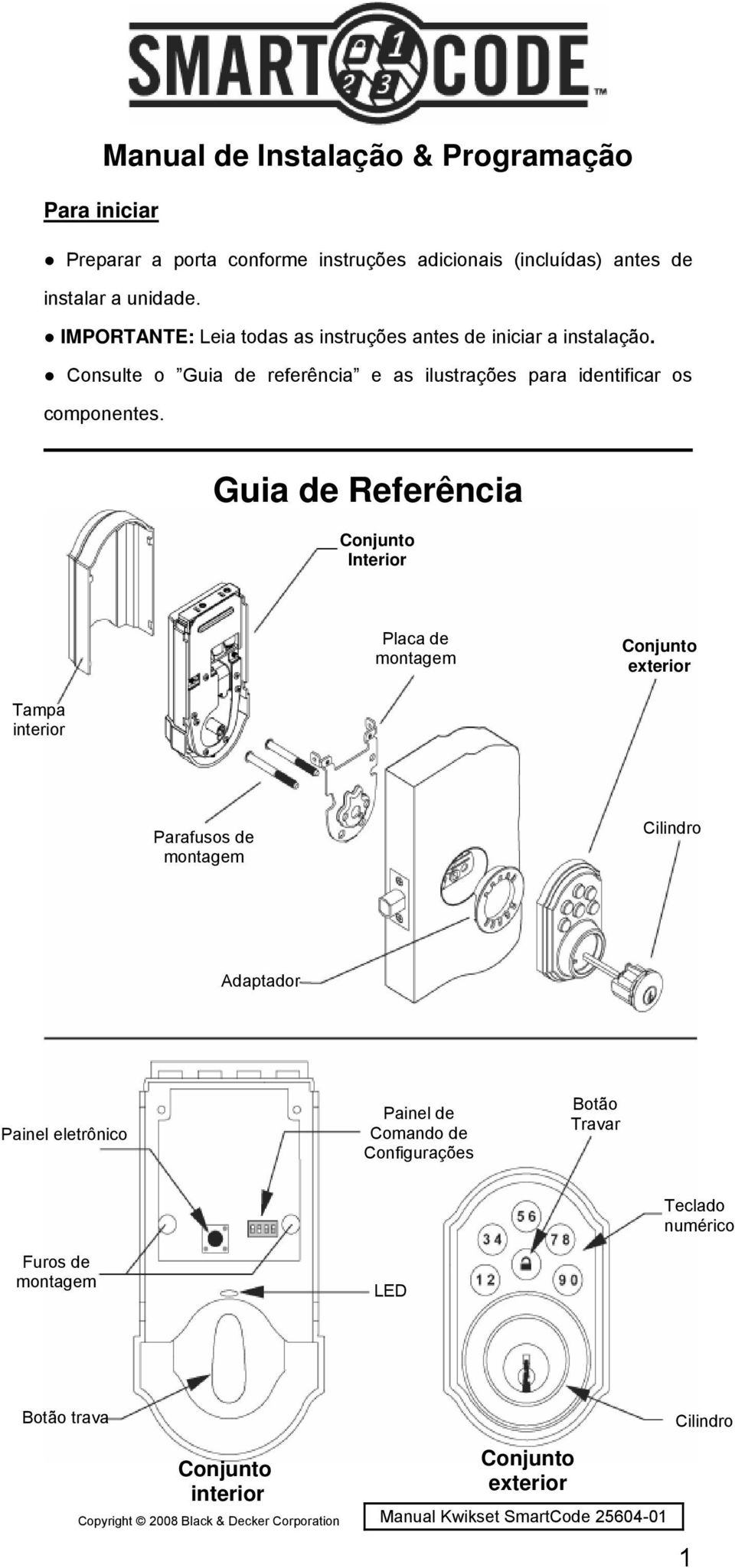 Guia de Referência Conjunto Interior Placa de montagem Conjunto exterior Tampa interior Parafusos de montagem Cilindro Adaptador Painel eletrônico Painel de