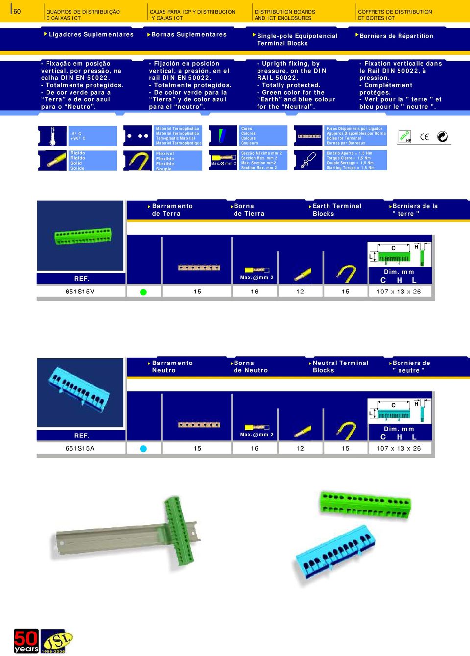- De color verde para la Tierra y de color azul para el neutro. - Uprigth fixing, by pressure, on the DIN RAI 00. - Totally protected. - Green color for the Earth and blue colour for the Neutral.