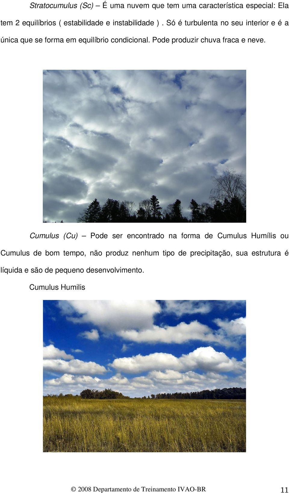 Cumulus (Cu) Pode ser encontrado na forma de Cumulus Humílis ou Cumulus de bom tempo, não produz nenhum tipo de