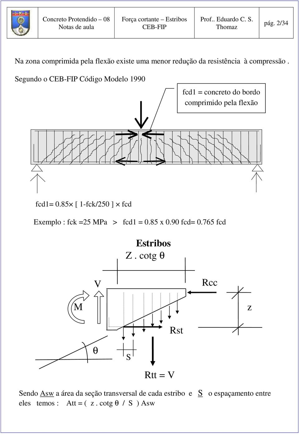 85 [ 1-fck/250 ] fcd Exemplo : fck =25 MPa > fcd1 = 0.85 x 0.90 fcd= 0.765 fcd Estribos Z.