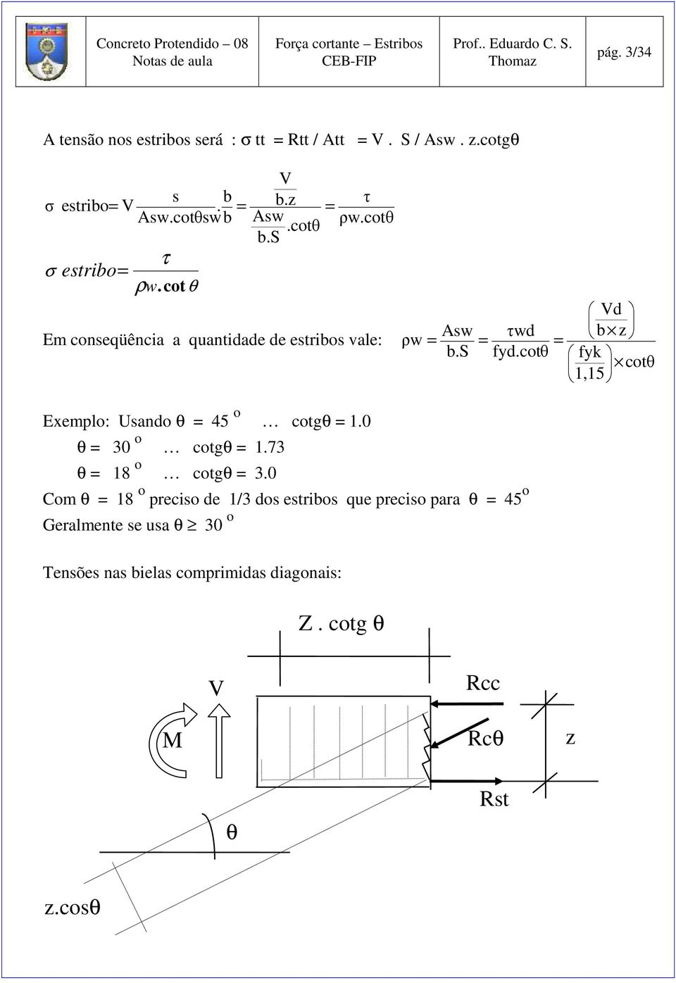 cotθ = Vd b fyk cotθ 1,15 Exemplo: Usando θ = 45 o cotgθ = 1.0 θ = 30 o cotgθ = 1.73 θ = 18 o cotgθ = 3.